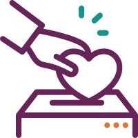 donation icon featuring a hand putting a heart into a donation box