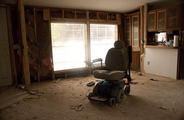 Damaged wheelchair in a flood damaged home in Illinois