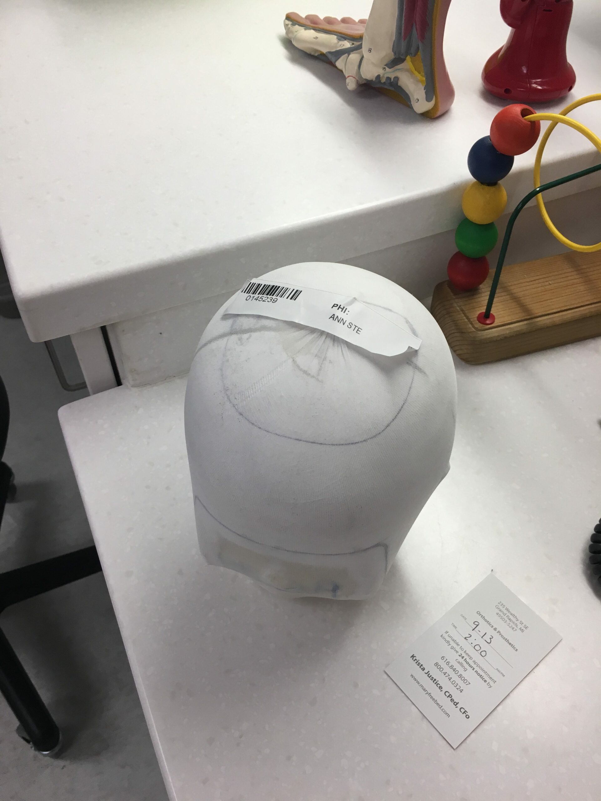 The computer-generated mold used to make Anneliese's custom helmet