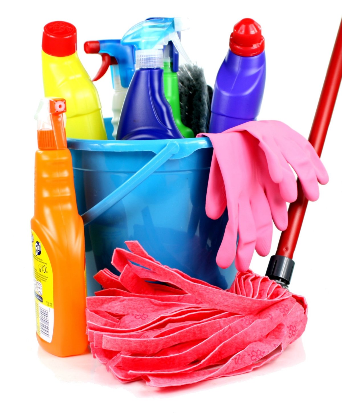 Blue bucket, pink mop and multiple bottles of cleaning products