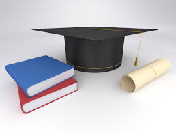 Graduation cap, diploma, and books