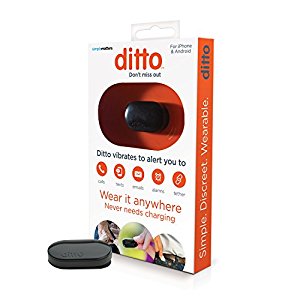 The box with Ditto device "wear it anywhere Never needs charging"