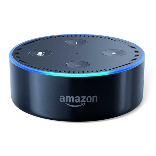 Echo Dot: A round device labeled Amazon, with a blue light around the edge showing that it is listening for user direction.