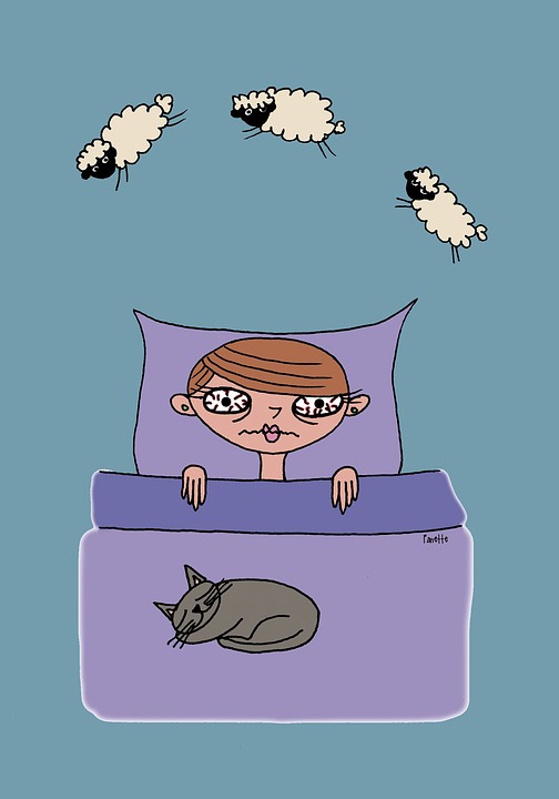 a cartoon person awake in bed with bloodshot eyes, sheep jumping over them and a cat snuggled in on their lap.