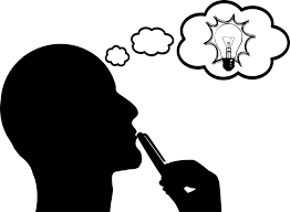 person with cell held to face with thought bubble of a lightbulb