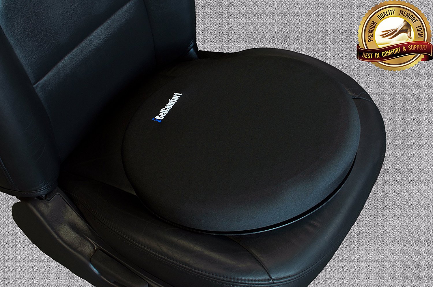 a black pancake-shaped cushion sits on a car bucket seat