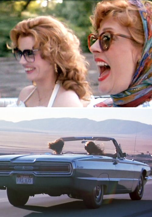 A close up of Thelma and Louise along with a shot of them in their convertible driving off into the sunset
