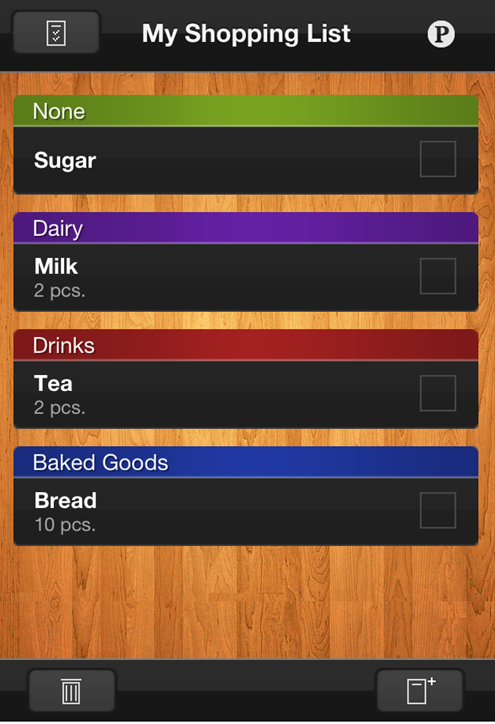 Shopping List Free app screen displaying grocery items.