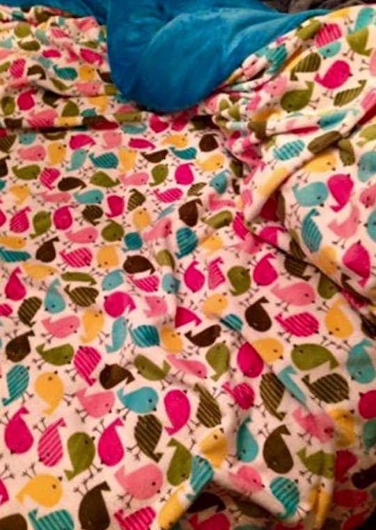 I choose a colorful patter of birds for one side of my giant weighted blanket and a lush blue for the other side.